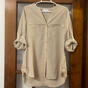 Calvin Klein XL beige button down with gold buttons and zippers.